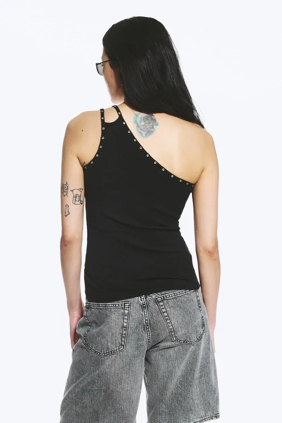 Eyelet Detail Asymmetric Tank Top – Black Eyelet Detail Asymmetric Tank Top – Black