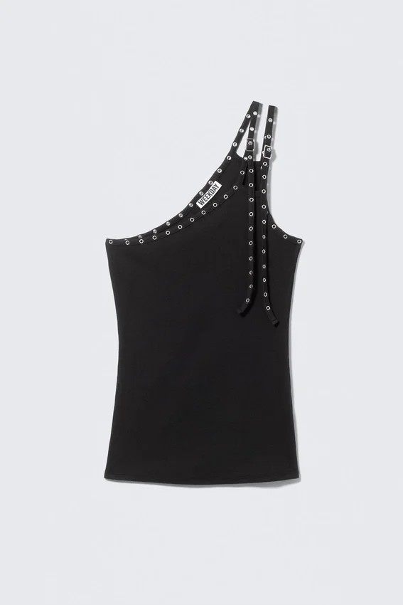 Eyelet Detail Asymmetric Tank Top – Black Eyelet Detail Asymmetric Tank Top – Black
