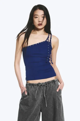 Eyelet Detail Asymmetric Tank Top – Bright Blue