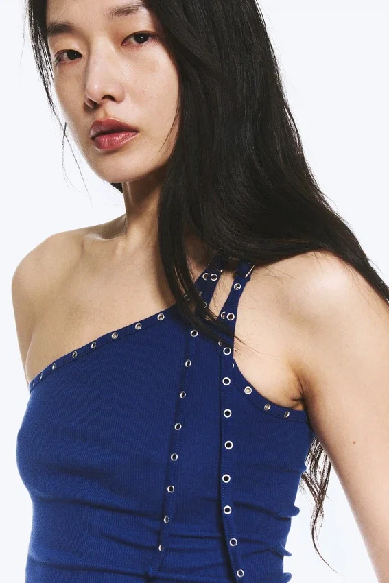 Eyelet Detail Asymmetric Tank Top – Bright Blue Eyelet Detail Asymmetric Tank Top – Bright Blue