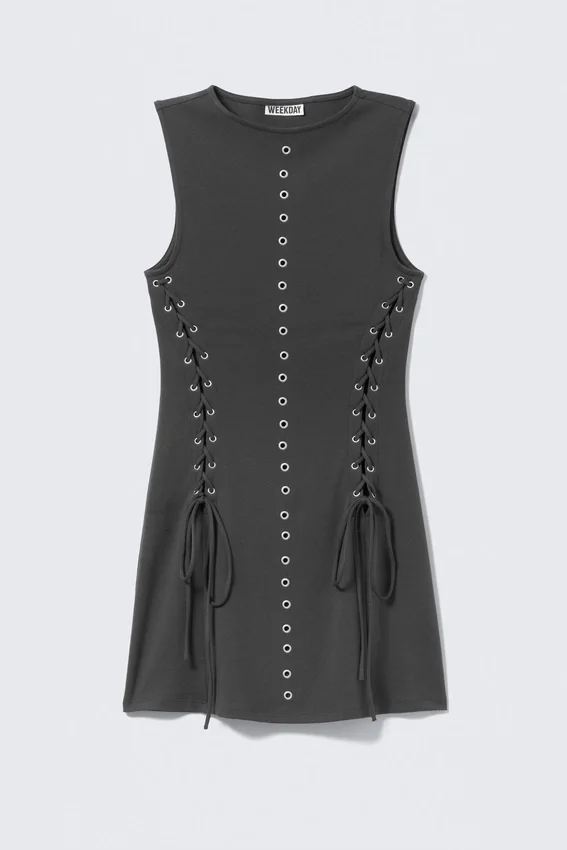 Eyelet Lace-Up Mini Dress – Dark Grey Eyelet Lace-Up Mini Dress – Dark Grey