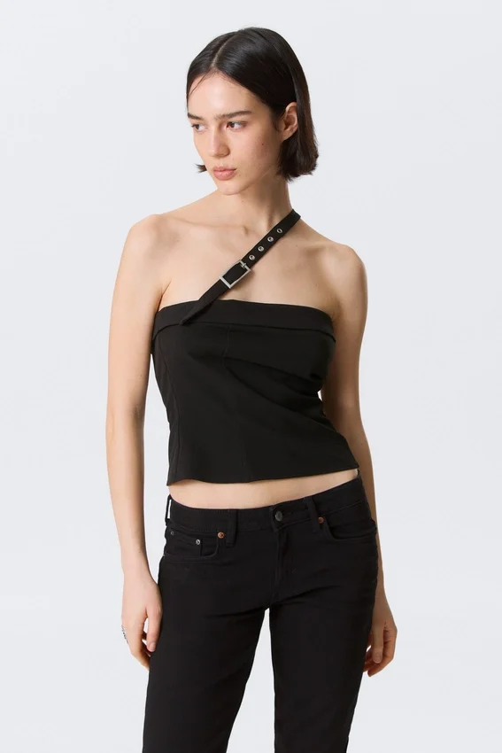 Faustina C One-Shoulder Buckle Suiting Top – Black Faustina C One-Shoulder Buckle Suiting Top – Black