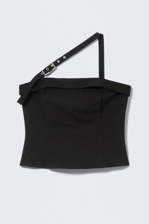 Faustina C One-Shoulder Buckle Suiting Top – Black Faustina C One-Shoulder Buckle Suiting Top – Black