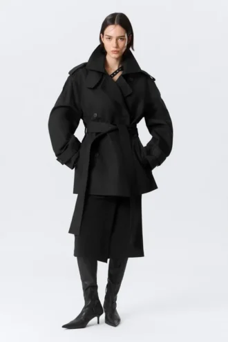 Faustina C Oversized Double-Breasted Trench Coat – Black