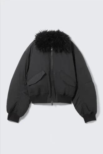 Faux Fur Collar Bomber Jacket – Dark Grey Faux Fur Collar Bomber Jacket – Dark Grey