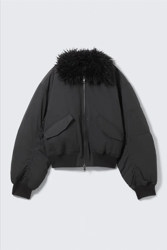 Faux Fur Collar Bomber Jacket – Dark Grey Faux Fur Collar Bomber Jacket – Dark Grey