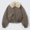 Faux Fur Collar Bomber Jacket – Dark Mole Faux Fur Collar Bomber Jacket – Dark Mole