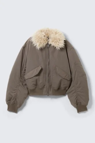 Faux Fur Collar Bomber Jacket – Dark Mole Faux Fur Collar Bomber Jacket – Dark Mole