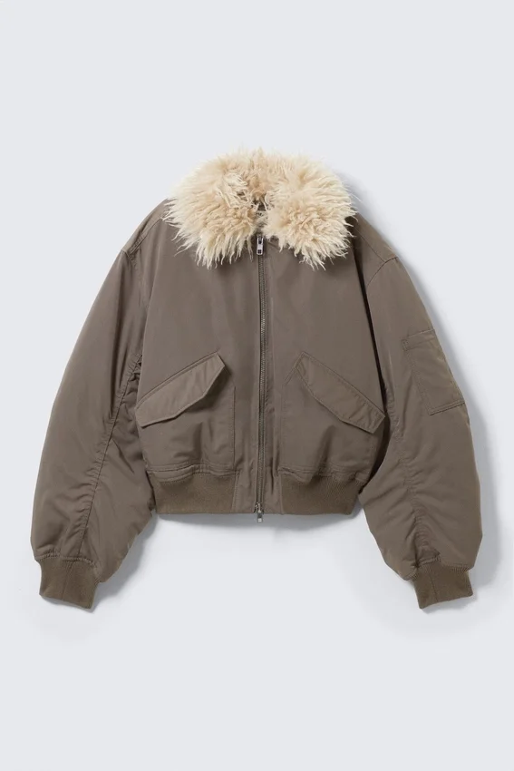 Faux Fur Collar Bomber Jacket – Dark Mole Faux Fur Collar Bomber Jacket – Dark Mole