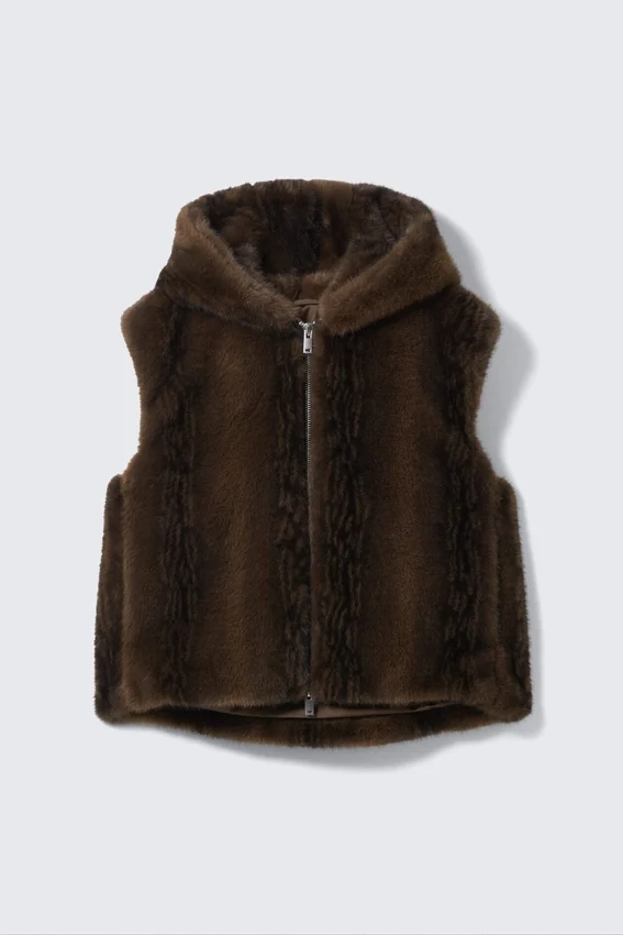 Faux Fur Hooded Zip Vest – Fuzzy Brown Faux Fur Hooded Zip Vest – Fuzzy Brown