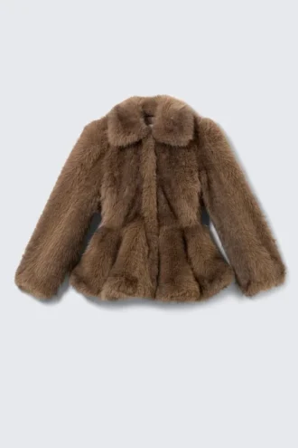 Faux Fur Peplum Jacket – Brown