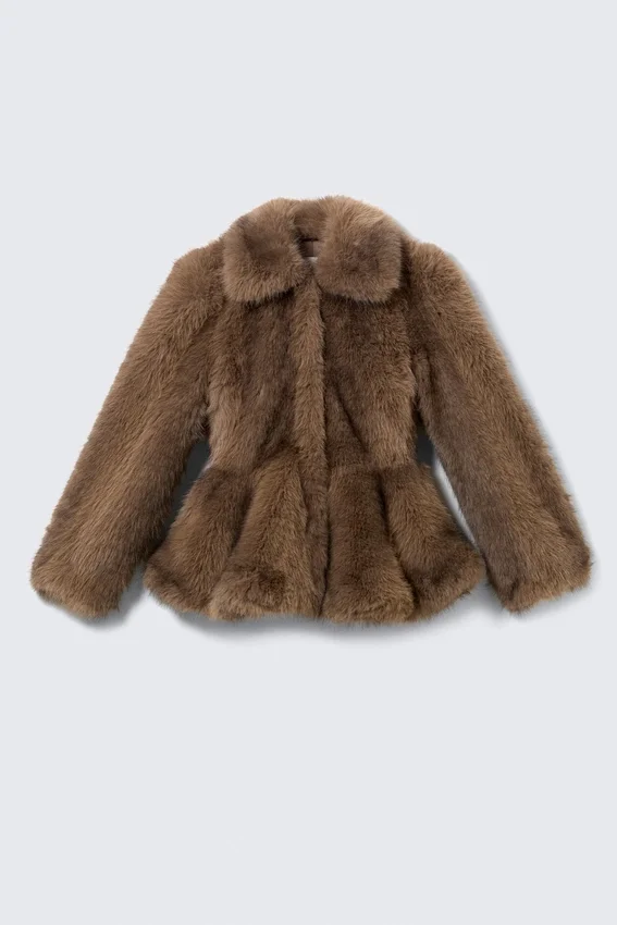 Faux Fur Peplum Jacket – Brown Faux Fur Peplum Jacket – Brown