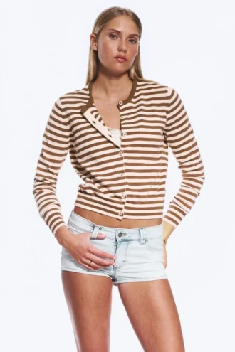 Fine Knitted Cotton Cardigan – Brown Stripe