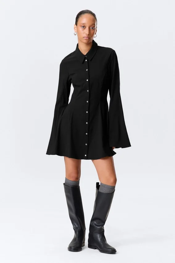 Fit-And-Flare Mini Shirt Dress – Black Fit-And-Flare Mini Shirt Dress – Black