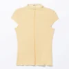 Fitted Cap-Sleeved Mock-Turtleneck T-Shirt – Light Yellow Fitted Cap-Sleeved Mock-Turtleneck T-Shirt – Light Yellow