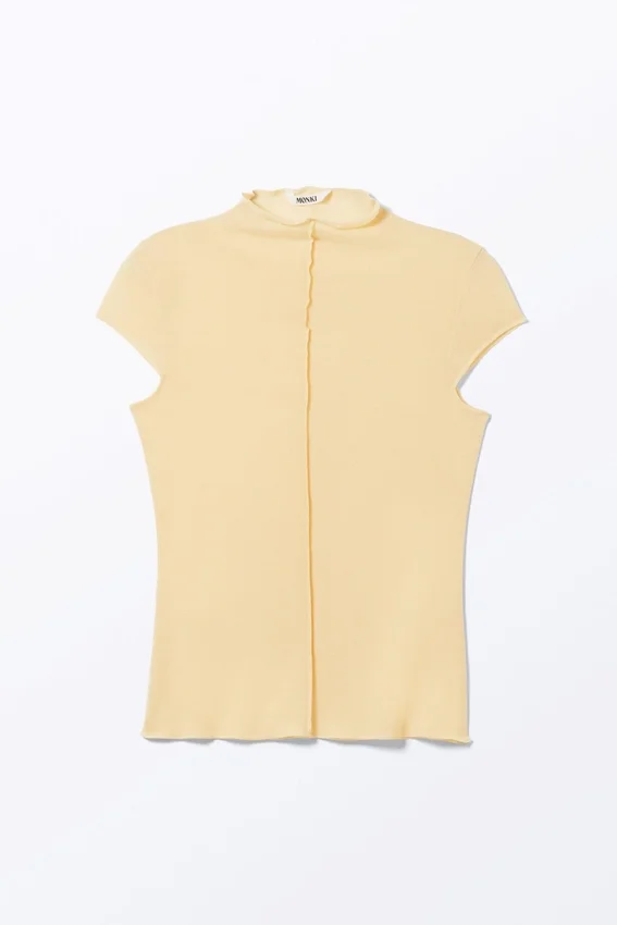 Fitted Cap-Sleeved Mock-Turtleneck T-Shirt – Light Yellow Fitted Cap-Sleeved Mock-Turtleneck T-Shirt – Light Yellow