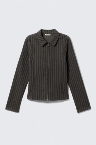 Fitted Corduroy Zip-Up Jacket – Striped Dark Grey