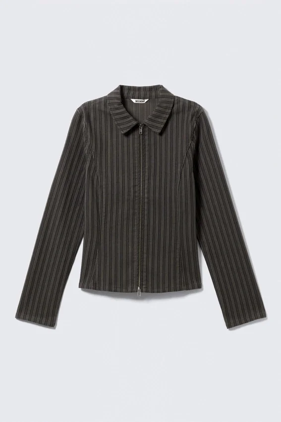 Fitted Corduroy Zip-Up Jacket – Striped Dark Grey Fitted Corduroy Zip-Up Jacket – Striped Dark Grey