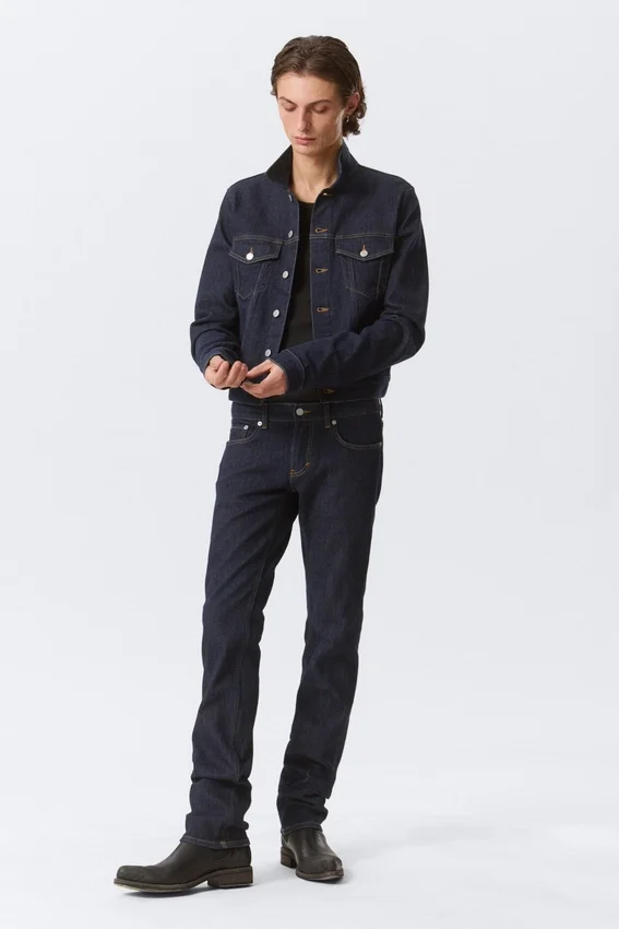 Fitted Denim Trucker Jacket – Blue Rinse – Dark Blue Fitted Denim Trucker Jacket – Blue Rinse – Dark Blue
