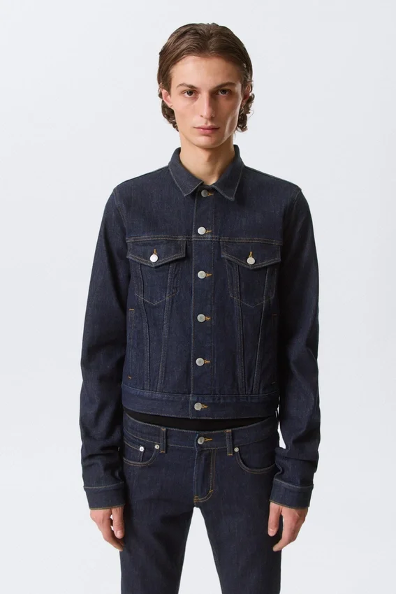 Fitted Denim Trucker Jacket – Blue Rinse – Dark Blue Fitted Denim Trucker Jacket – Blue Rinse – Dark Blue