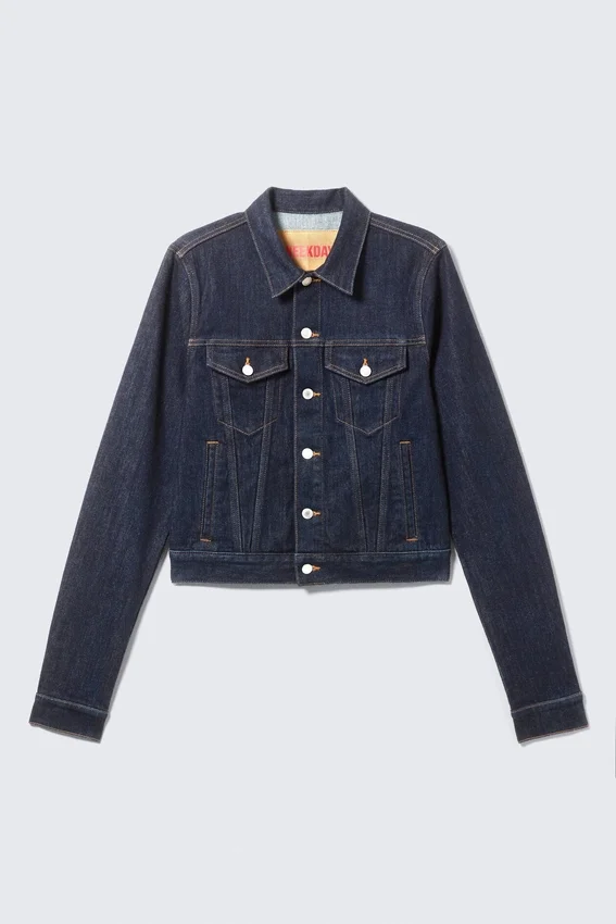 Fitted Denim Trucker Jacket – Blue Rinse – Dark Blue Fitted Denim Trucker Jacket – Blue Rinse – Dark Blue