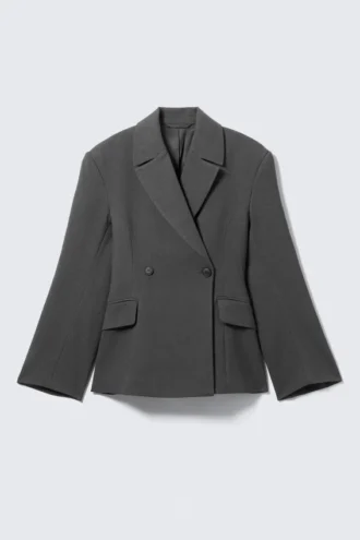 Fitted Double-Breasted Blazer – Dark Grey Melange