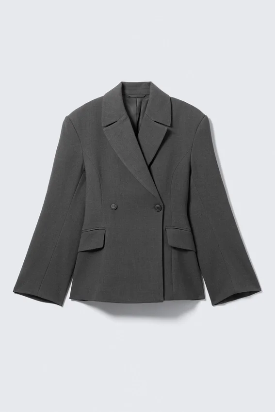 Fitted Double-Breasted Blazer – Dark Grey Melange Fitted Double-Breasted Blazer – Dark Grey Melange