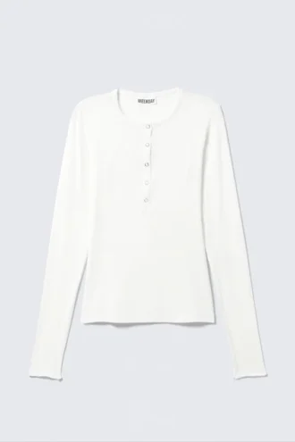 Fitted Long-Sleeved Henley Top – White