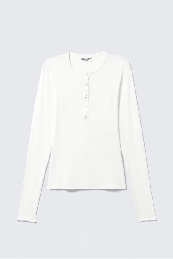 Fitted Long-Sleeved Henley Top – White Fitted Long-Sleeved Henley Top – White