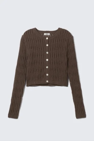 Fitted Long-Sleeved Knitted Cardigan – Dark Brown