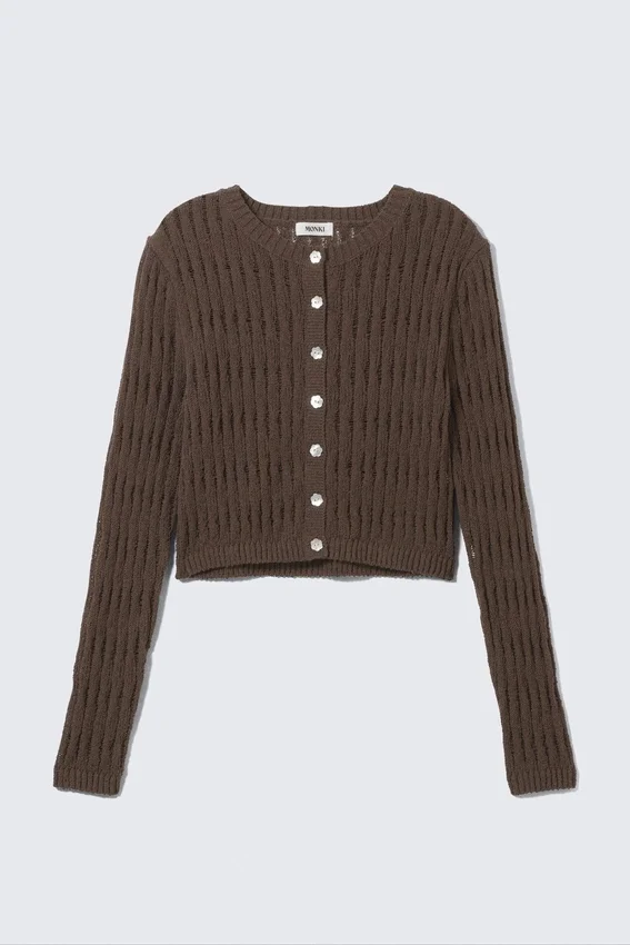 Fitted Long-Sleeved Knitted Cardigan – Dark Brown Fitted Long-Sleeved Knitted Cardigan – Dark Brown