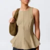 Fitted Nylon Peplum Top – Beige Fitted Nylon Peplum Top – Beige