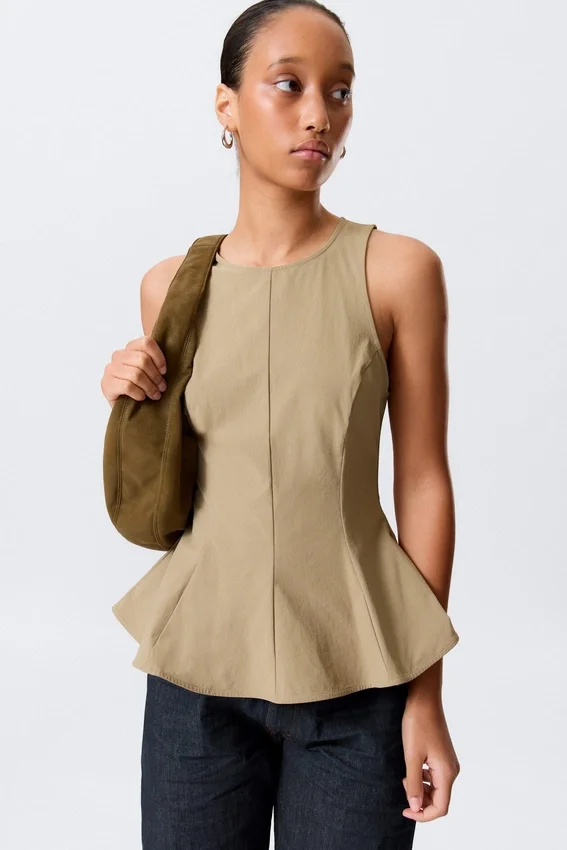 Fitted Nylon Peplum Top – Beige Fitted Nylon Peplum Top – Beige