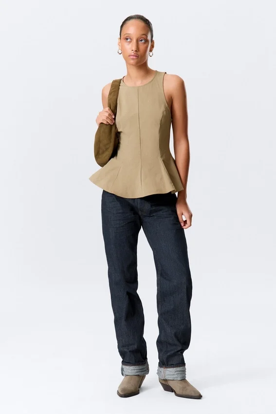 Fitted Nylon Peplum Top – Beige Fitted Nylon Peplum Top – Beige