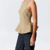 Fitted Nylon Peplum Top – Beige Fitted Nylon Peplum Top – Beige