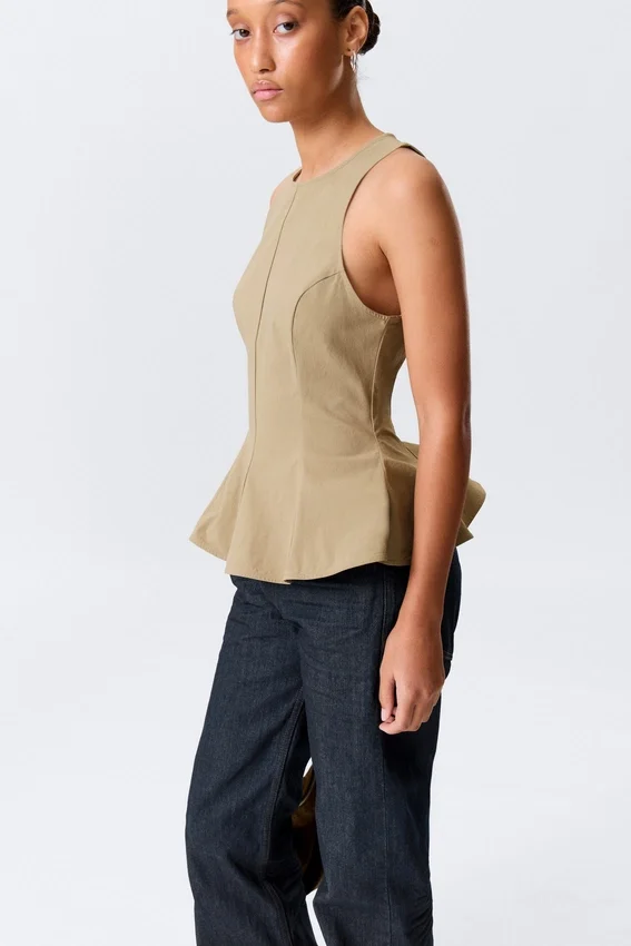 Fitted Nylon Peplum Top – Beige Fitted Nylon Peplum Top – Beige