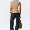 Fitted Nylon Peplum Top – Beige Fitted Nylon Peplum Top – Beige