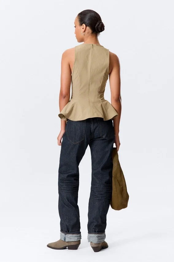 Fitted Nylon Peplum Top – Beige Fitted Nylon Peplum Top – Beige