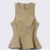 Fitted Nylon Peplum Top – Beige Fitted Nylon Peplum Top – Beige