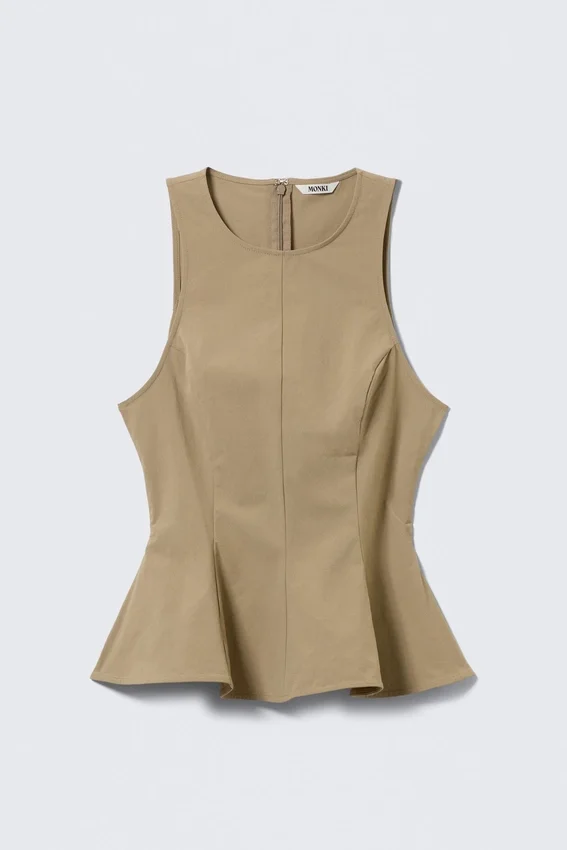 Fitted Nylon Peplum Top – Beige Fitted Nylon Peplum Top – Beige