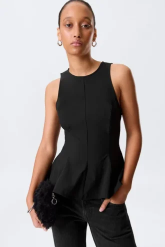 Fitted Nylon Peplum Top – Black