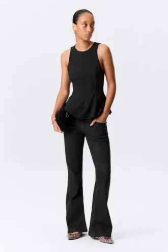 Fitted Nylon Peplum Top – Black