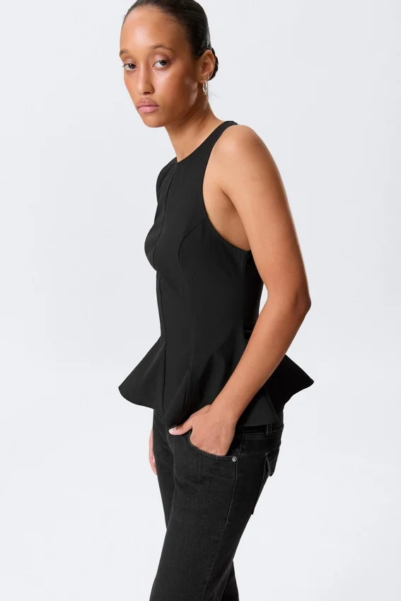 Fitted Nylon Peplum Top – Black Fitted Nylon Peplum Top – Black