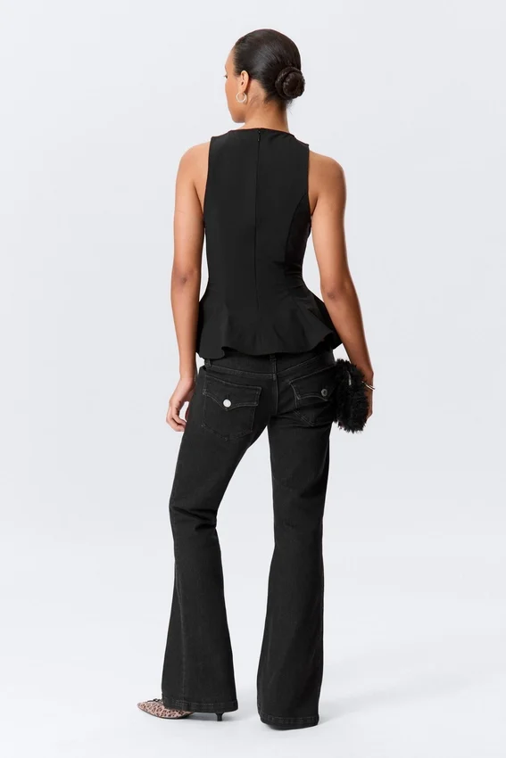 Fitted Nylon Peplum Top – Black Fitted Nylon Peplum Top – Black