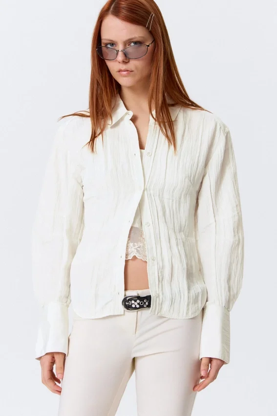 Fitted Ruched Waist Shirt – White Fitted Ruched Waist Shirt – White