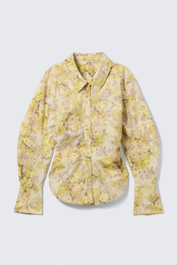 Fitted Ruched Waist Shirt – Yellow Floral Print Fitted Ruched Waist Shirt – Yellow Floral Print