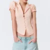 Fitted Short-Sleeved Resort Shirt – Striped Peachy Pink Fitted Short-Sleeved Resort Shirt – Striped Peachy Pink