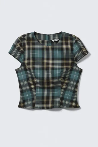 Fitted Short-Sleeved Twill Top – Turquoise & Yellow Checks