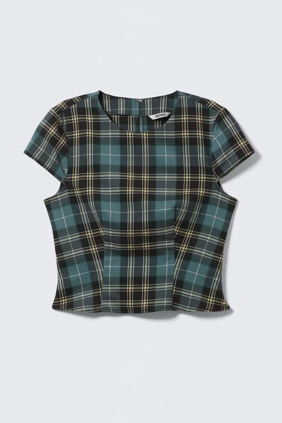 Fitted Short-Sleeved Twill Top – Turquoise & Yellow Checks Fitted Short-Sleeved Twill Top – Turquoise & Yellow Checks