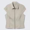 Fitted Short-Sleeved Zip Top – Beige Fitted Short-Sleeved Zip Top – Beige